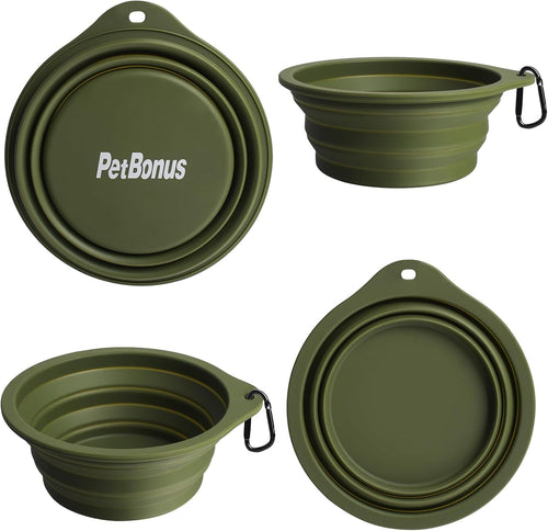 2-Pack Silicone Collapsible Dog Bowls, BPA Free Dishwasher Safe, Portable Foldable Expandable Travel Bowl, Food Water Feeding Cup Dish for Dogs Cats with 2 Carabiners (Army Green, Blue) | 20 Oz, Silicone, Foldable Expandable Cat Feeding Cup Dish, 2 Carabiners, BPA Free, Dishwasher Safe (Army Green, Blue)